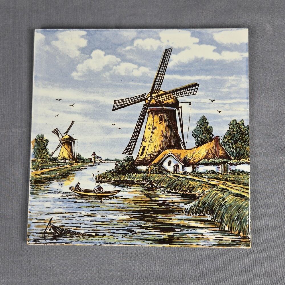 Vintage Delft Hand Painted Multicolor Windmill Tile Holland Canal Scene Signed